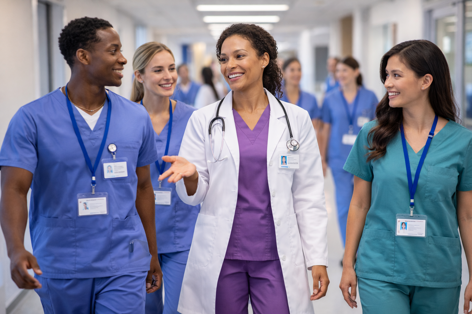 Nurses in purple scrubs collaborating
